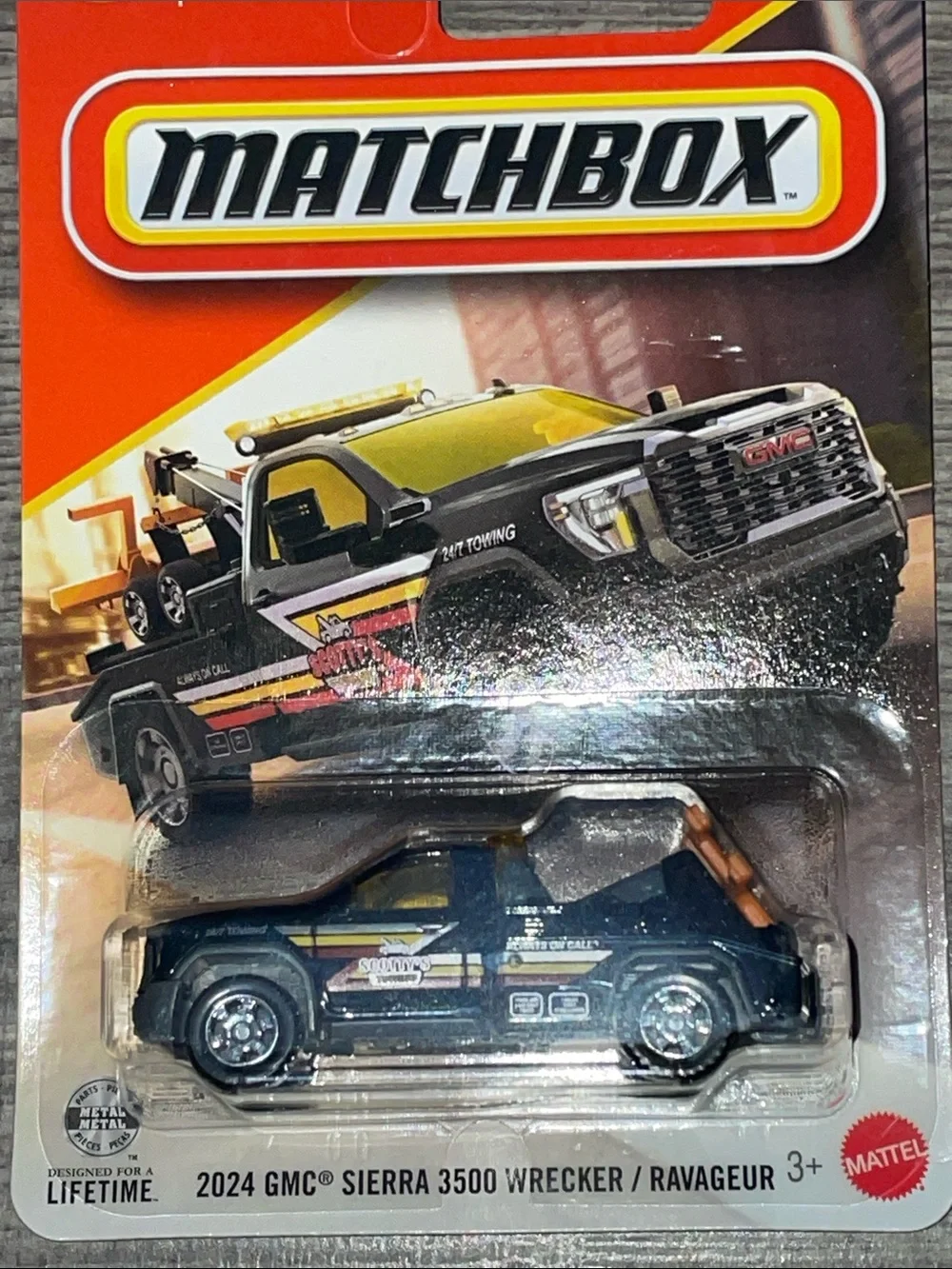 Tow Truck Matchbox 2024 GMC Sierra 3500 Wrecker Toy Truck - Black & Yellow